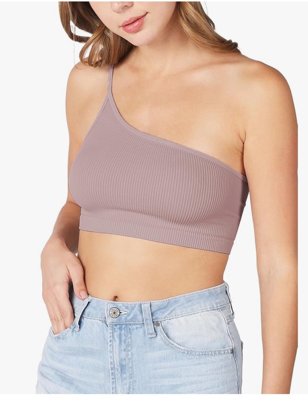 Nikibiki One-Shoulder Ribbed Bralette Top in Light Blue